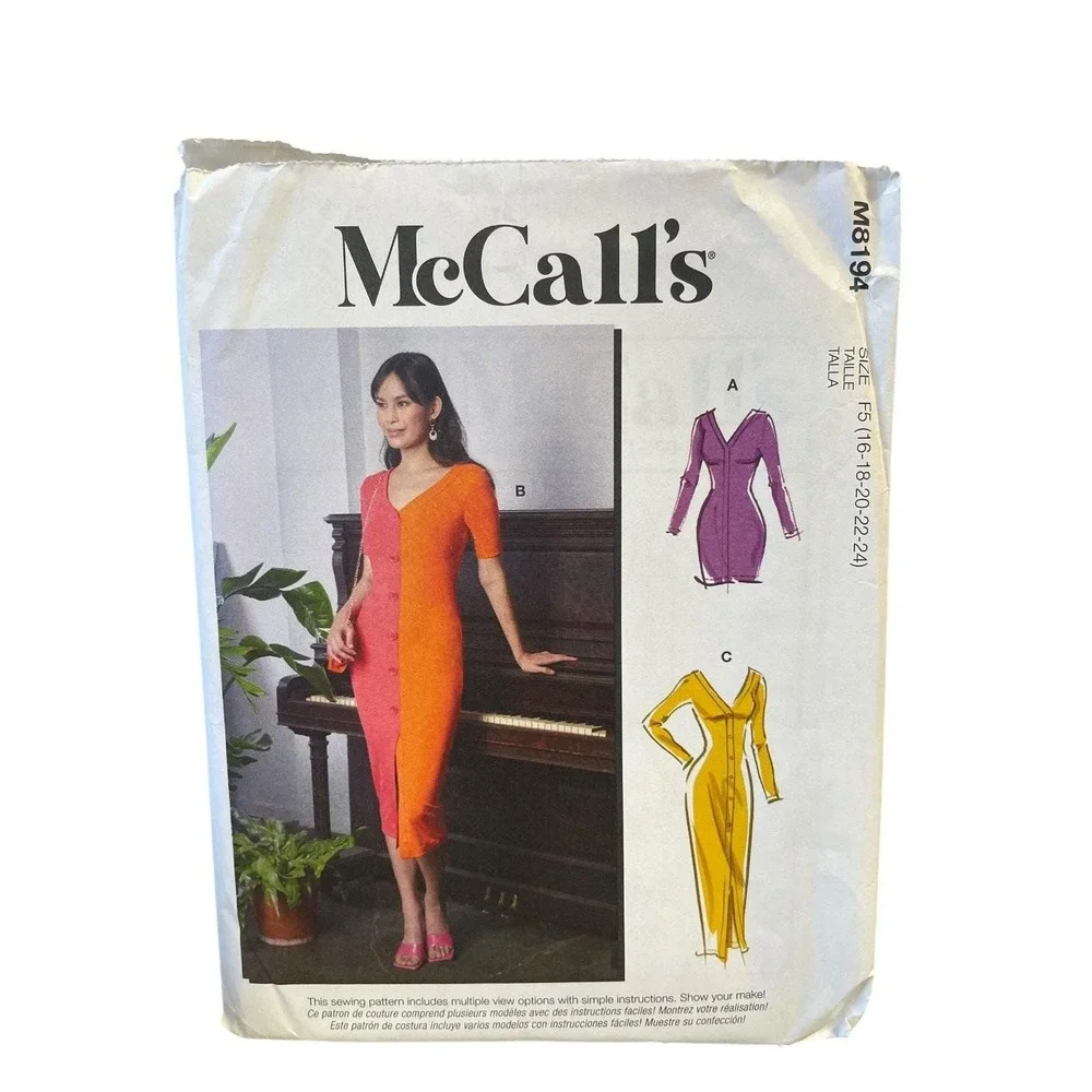 McCall's M8194 Misses' Dresses F5 (16-24) Button Front V-Neck Knit